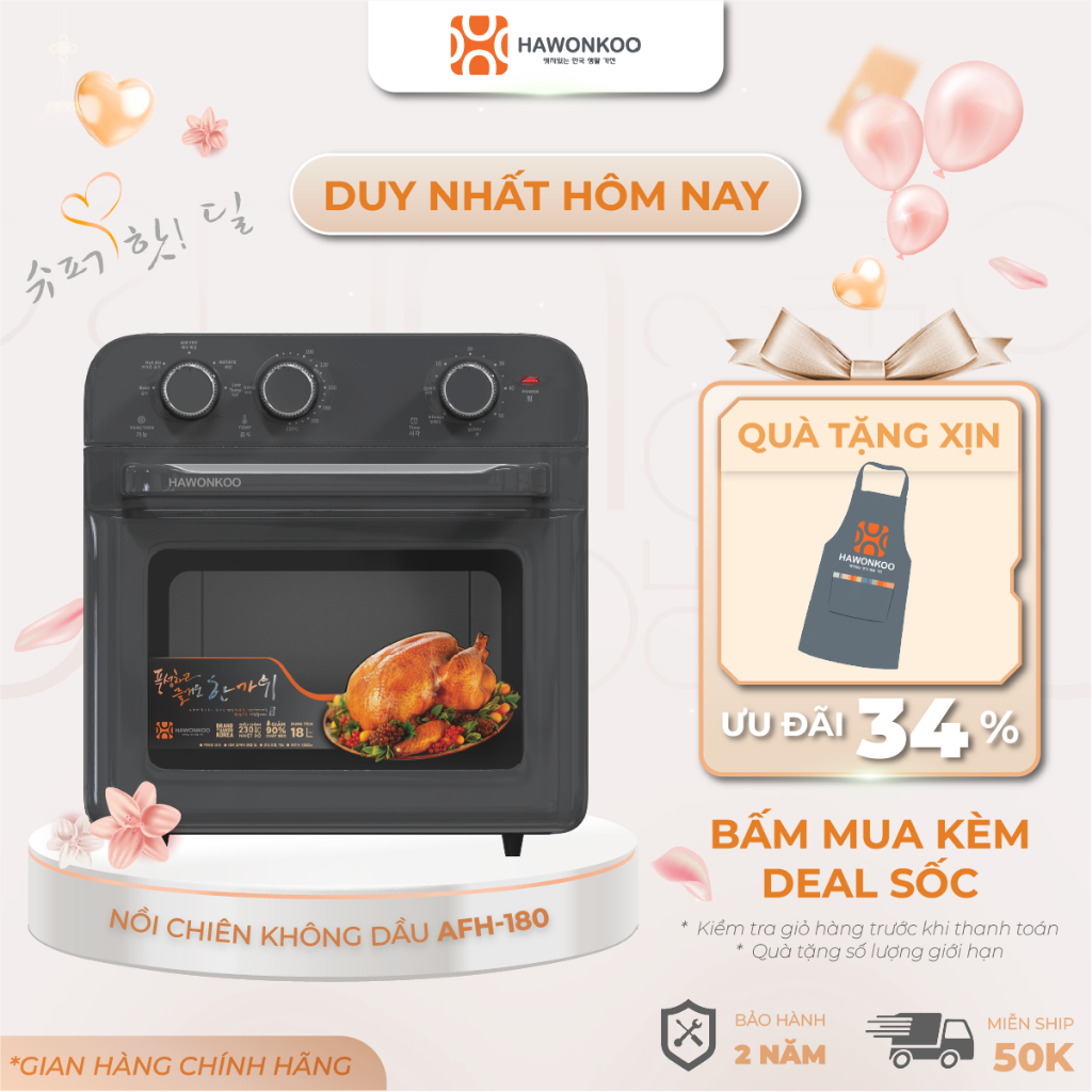 [TẶNG TẠP DỀ] Nồi Chiên Không Dầu Hawonkoo AFH-180 18L, Khoang Siêu Rộng, Nướng Than Độc Quyền, 5 Chức Năng, BH 12 Tháng