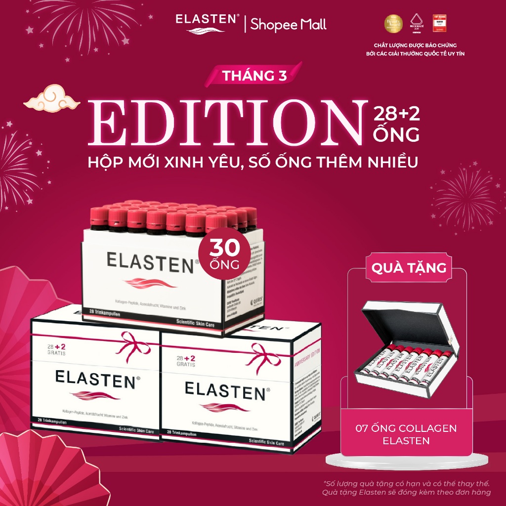 3 Hộp Collagen Elasten Giúp Da Căng Mịn, Chống Lão Hóa, Hỗ Trợ Cho Tóc Chắc Khỏe 3x30 ống 25ml