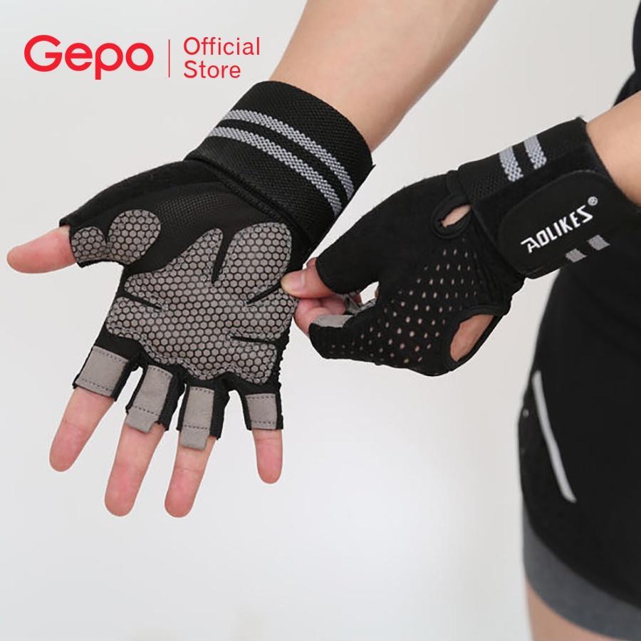 Găng tay tập gym nam nữ AOLIKES HS113 hở lưng có cuốn cổ tay, đệm lòng bàn tay chống trượt