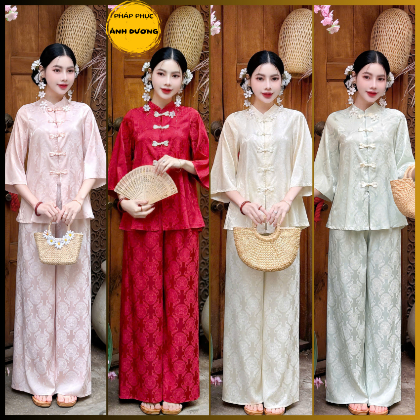Pháp Phục Ánh Dương Tằm Tencel Mềm Cổ V Vạt Lệch Tay Phối Gấm Sang Chảnh - Mã P99