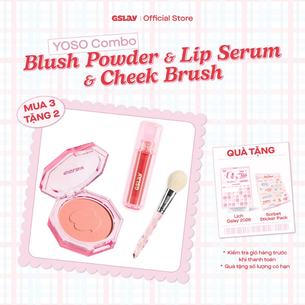 Bestie Combo GSLAY YOSO 03 Sản Phẩm: Phấn Má Hồng (5g), Son Dưỡng Bóng (1ml) và Cheek Brush Pink