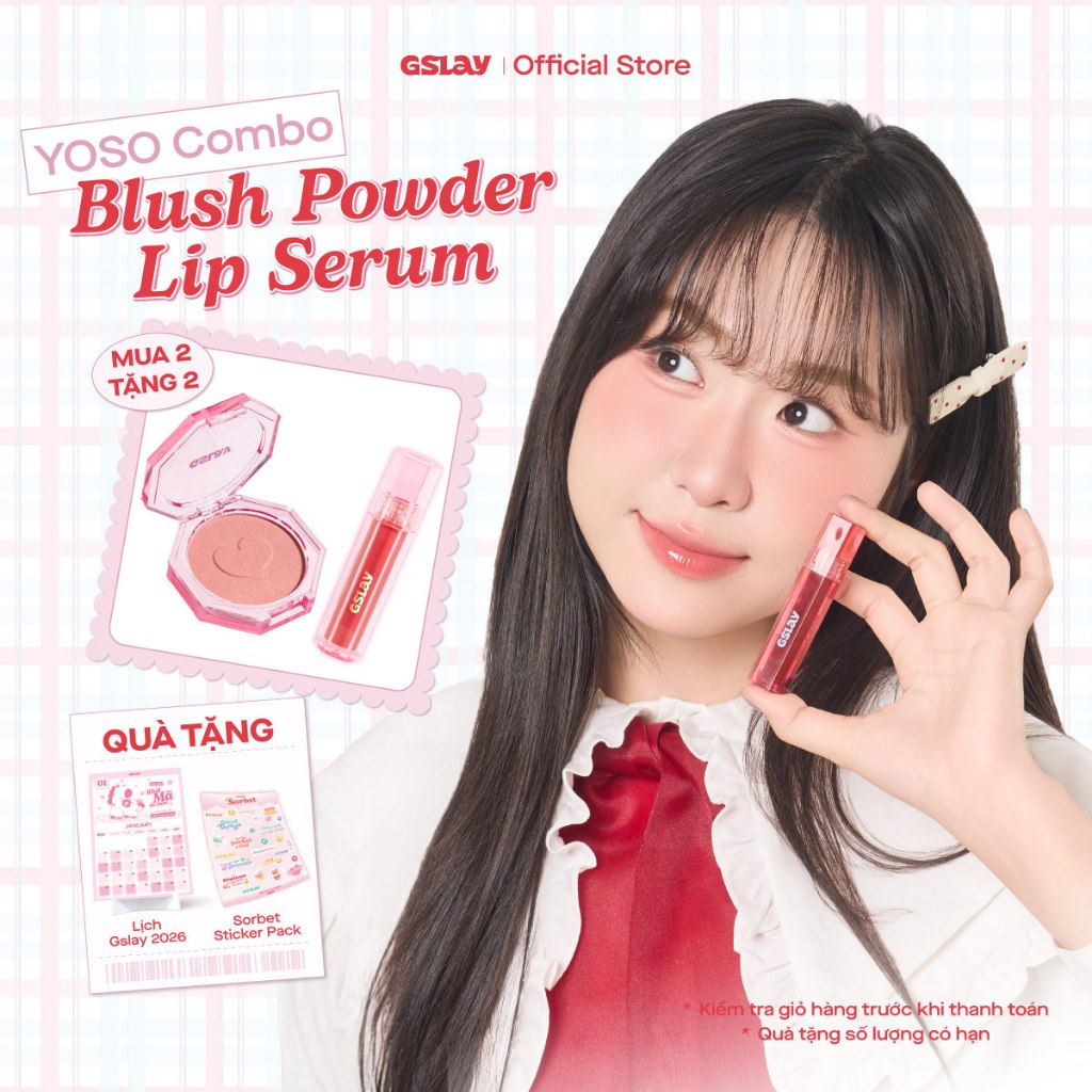 Combo GSLAY YOSO Son dưỡng bóng có màu thuần chay (1ml) & Phấn má hồng mịn lì lên chuẩn màu (5g)