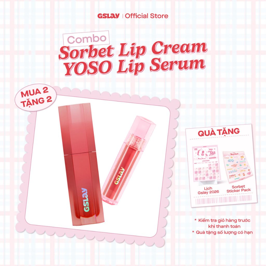 Combo GSLAY Sorbet Lip Cream mịn lì thuần chay che phủ rãnh môi (4g) & GSLAY YOSO Lip Serum dưỡng ẩm