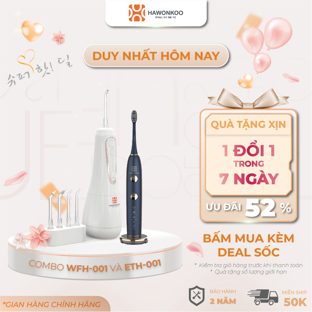 Combo tăm Nước Hawonkoo WFH-001 và Bàn Chải Điện ETH-001 Làm Sạch Sâu  Bảo Hành 12 Tháng
