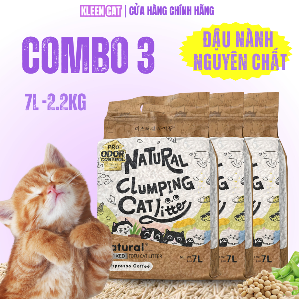 [TẶNG SÚP] Combo 3 túi Cát Vệ Sinh Cho Mèo Đậu Nành Hữu Cơ Kleen Cat, Cát Mèo Tofu 100% Organic Tan Trong Nước