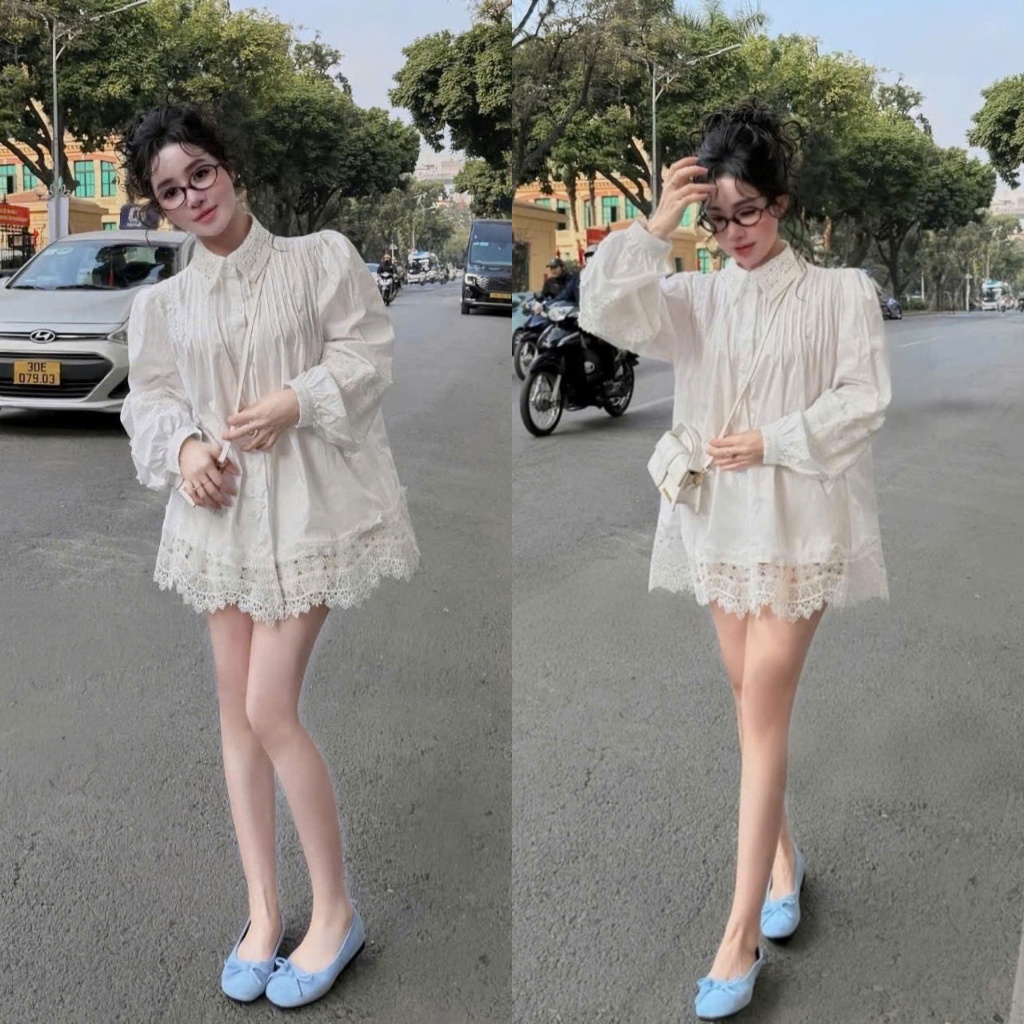 (Hàng Hot): Áo Sơ Mi Trắng Dập Ly Vai Ngực Hoạ Tiết Cổ Ren Tròn Thiết Kế Tay Bồng Chất Thô Nến Siêu 