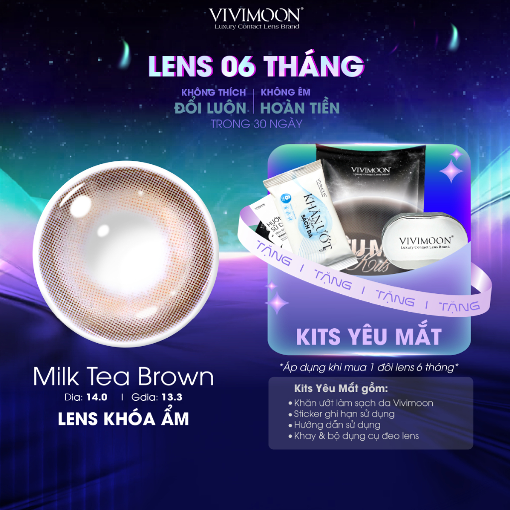 VIVIMOON lens cận 6 tháng Milk Tea Brown, kính áp tròng khóa ẩm màu nâu trà sữa độ từ 0 đến 8
