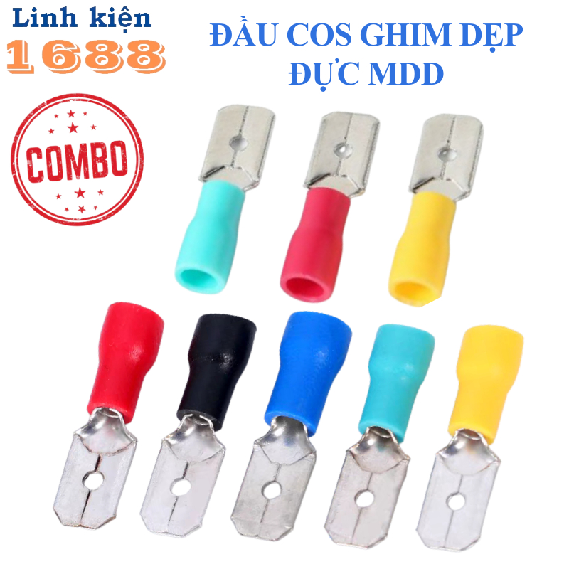 50 cái- Đầu cos ghim dẹp đực, cos ghim capa đực bọc nhựa MDD