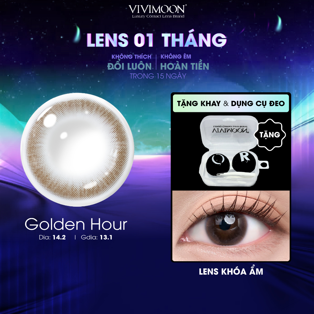 Lens cận khóa ẩm VIVIMOON màu nâu tự nhiên Golden Hour, kính áp tròng hạn sử dụng 1 tháng