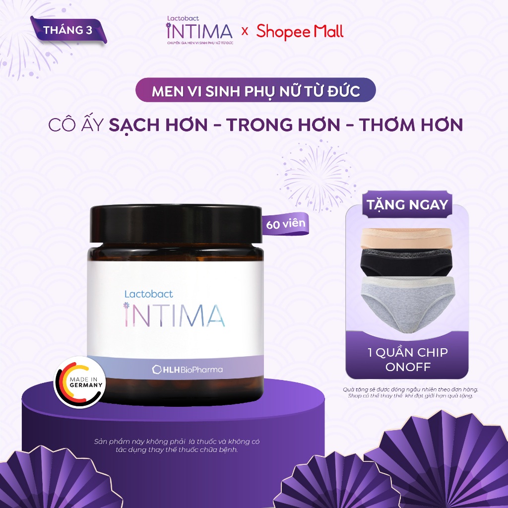 Hộp 60 viên men vi sinh phụ khoa Lactobact Intima bổ sung lợi khuẩn, Cranberry, D-Mannose từ Đức