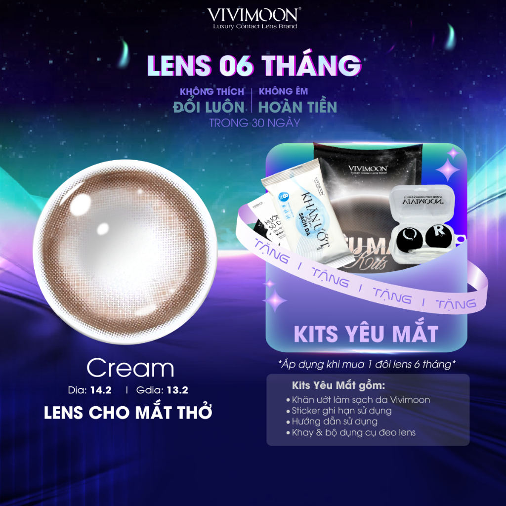 Kính áp tròng VIVIMOON LENSPRESSO cận nâu tây cho mắt thở CREAM, hạn dùng 6 tháng