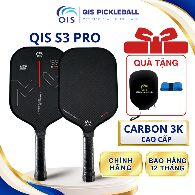 Vợt Pickleball QIS S3 Pro Carbon 3K Chính Hãng, Mới Người Chuyên Nghiệp Độ Nhám Cao Qis Pickleball