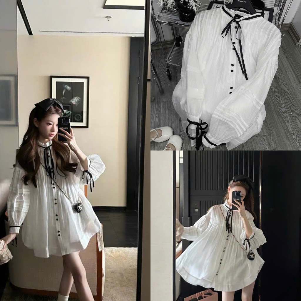 (Hàng Mới): Váy Babydoll Trắng Dập Ly Dây Cúc Đen Hàng 2 Lớp From Rộng Đủ 3 Size-Ảnh Thật Lollaye