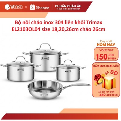 Bộ nồi chảo inox 304 liền khối Trimax EL2103OL04 size 18,20,26cm chảo 26cm