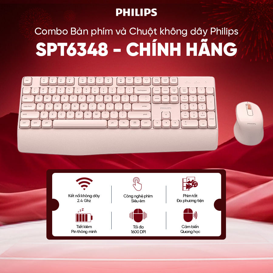 Combo Bàn phím và Chuột không dây Philips SPT6348 Chính hãng - Gọn nhẹ, êm ái, kết nối ổn định