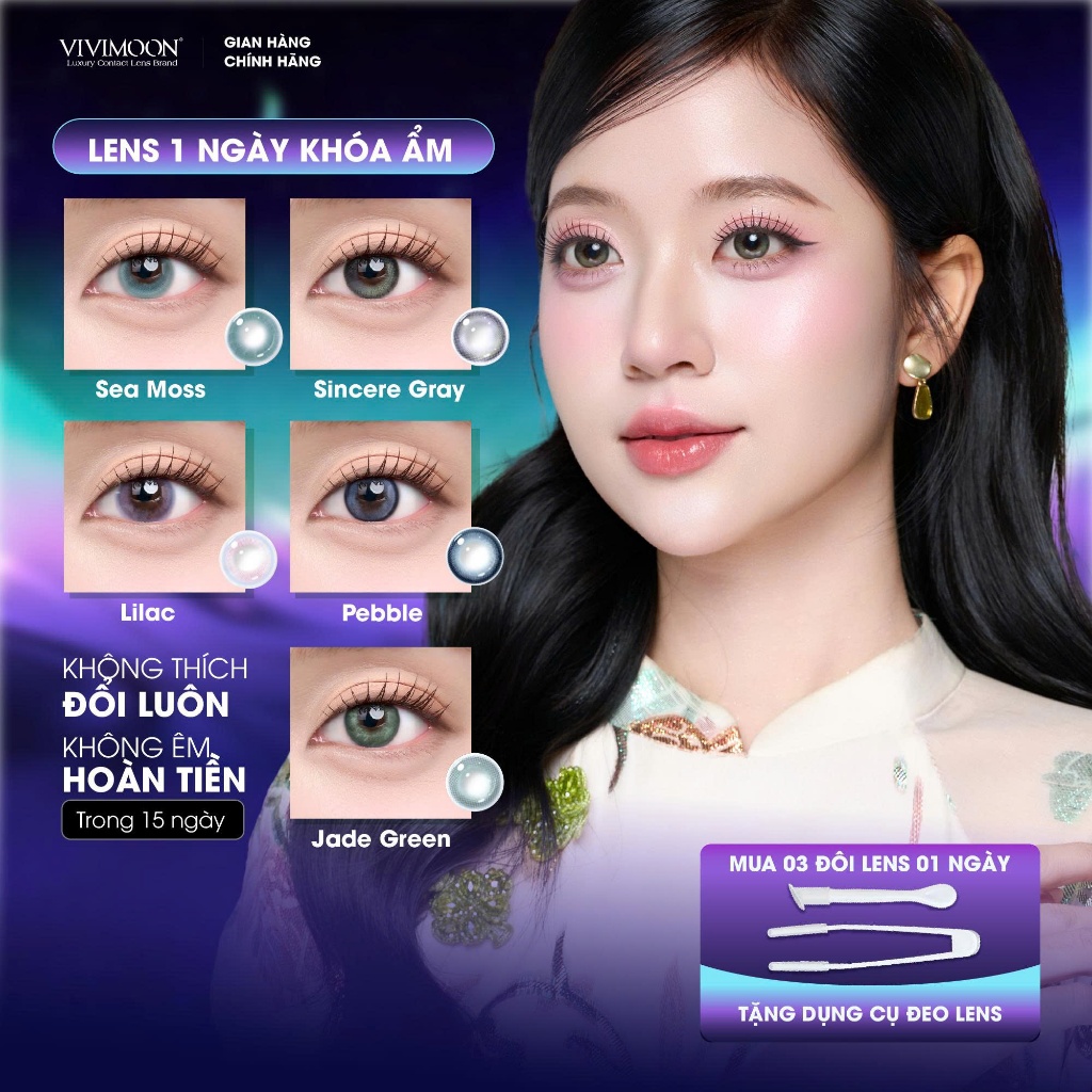 [Giá 01 bên mắt] Kính áp tròng VIVIMOON lens khóa ẩm 1 ngày màu nổi bật, lớp phủ MPC (Giá 1 chiếc, x2 để đặt 1 đôi)