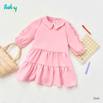 Váy bé gái ILABY váy hồng tiểu thư thiết kế tay bèo đính nơ xinh xắn size từ 9-35kg [3346]