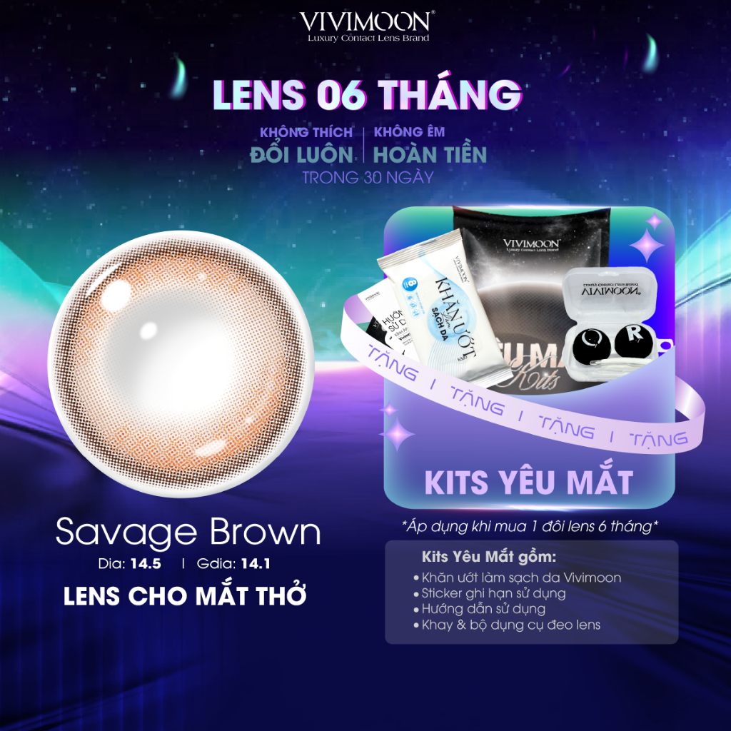 Kính áp tròng VIVIMOON EYECONIC lens cận cho mắt thở màu nâu baby Savage Brown, giãn tròng to 14.5mm