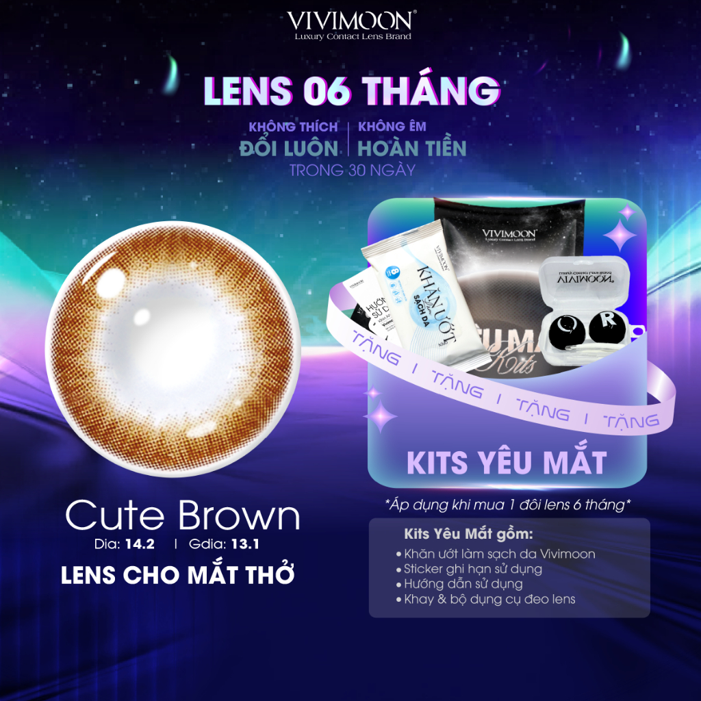 Kính áp tròng cận VIVIMOON LENS cận nâu tự nhiên cho mắt thở Cute Brown hạn sử dụng 6 tháng