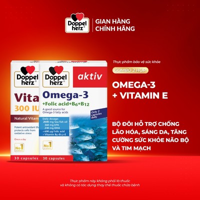 Bộ đôi chống lão hóa, sáng da, tăng cường sức khỏe não bộ và tim mạch Doppelherz Omega 3 + Doppelherz Vitamin E (2 hộp)