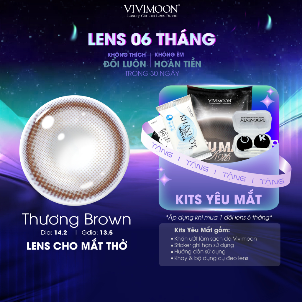 Kính áp tròng VIVIMOON màu nâu THƯƠNG BROWN, lens cận cho mắt thở, hạn sử dụng 6 tháng độ cận 0-8