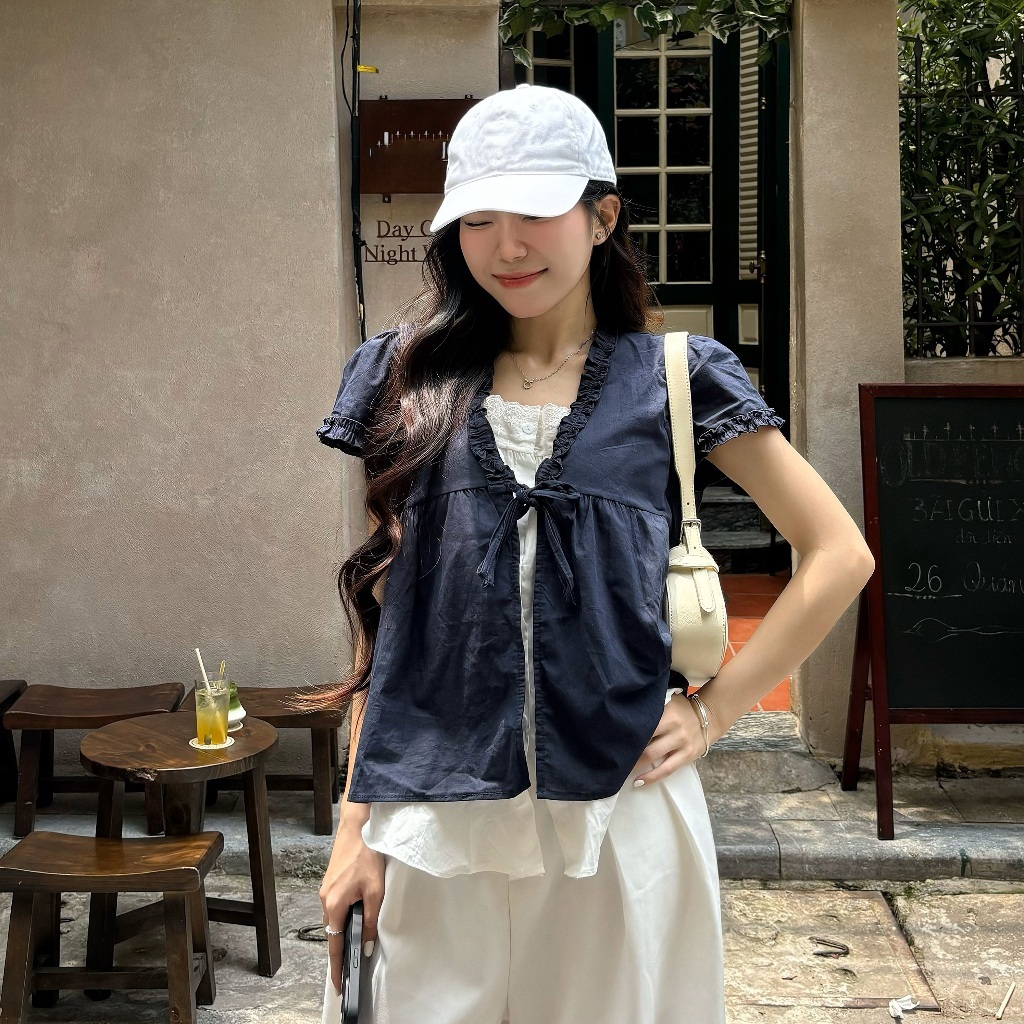 Áo Babydoll HAERIN Nữ Hàn Quốc | Áo Phối Ren 2 Lớp | Áo Khoác Mỏng Buộc Dây Vintage | Áo Tay Ngắn Dễ
