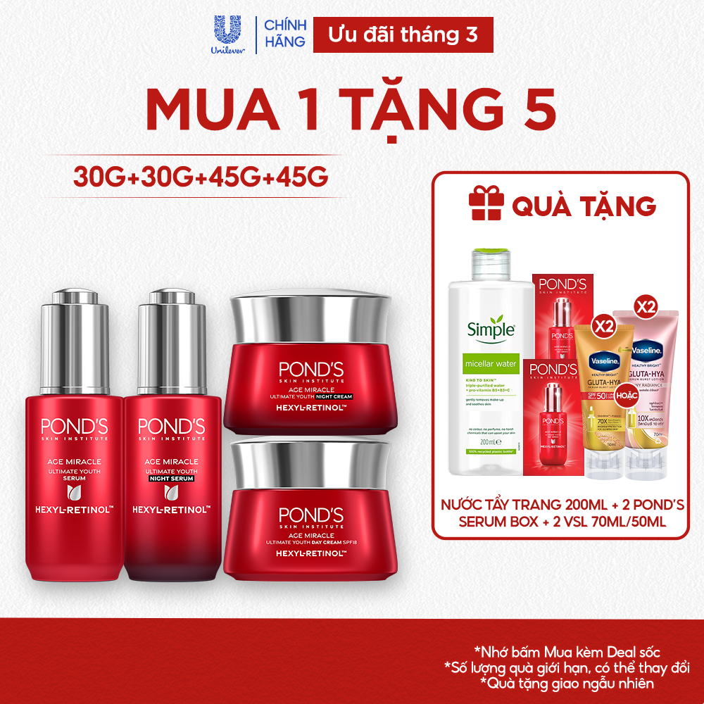 Combo 2 Serum và 2 Kem dưỡng ngày & đêm Pond's Age Miracle mờ đốm nâu, nếp nhăn với 50X Hexyl-Retinol 30G+30G+45G+45G