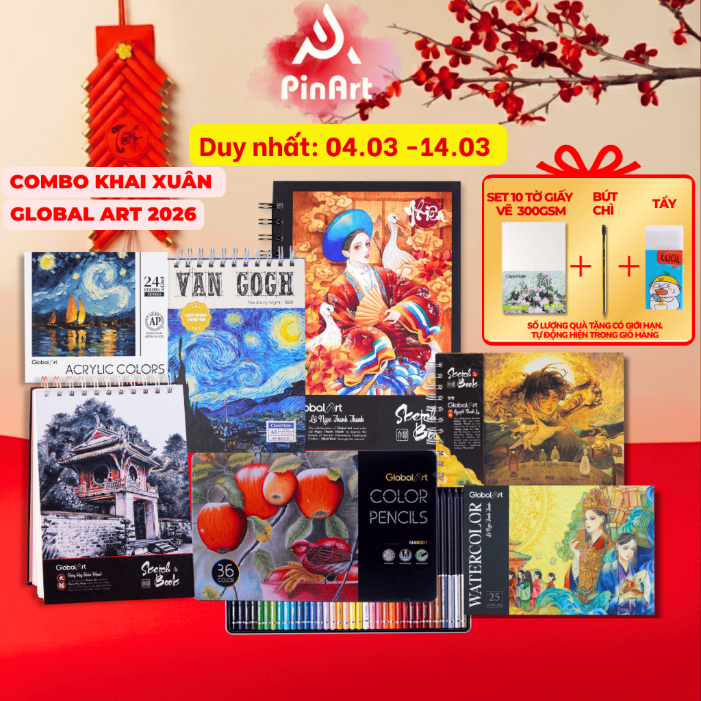 [Giảm 15K] Combo Khai Xuân Global Art - Sổ Phác Thảo 230gsm, Màu Nước, Màu Acrylic, Màu Chì Gốc Dầu 