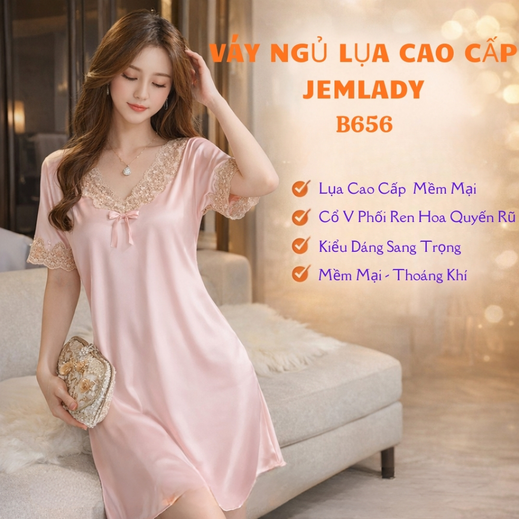 Váy Ngủ Lụa Gợi Cảm Cao Cấp JemLady Sexy Lụa Latin Mặc Mát Không Nóng Và Ren Đồ Ngủ Sexy - Mã B656