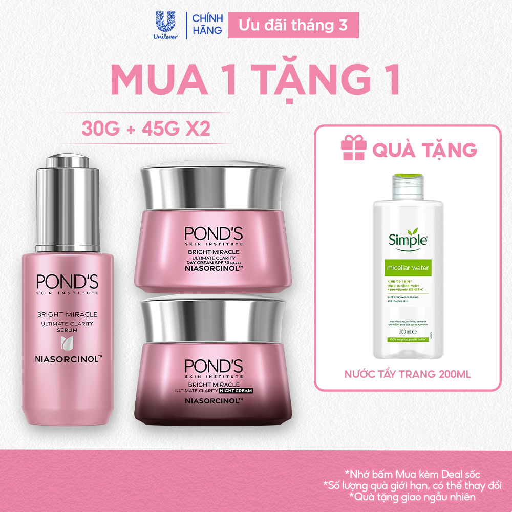 [Combo] Bộ 1 Serum và kem dưỡng sáng da ngày& đêm Pond's Bright Miracle mờ thâm sạm với 50X Niasorcinol 30G+45G+45G