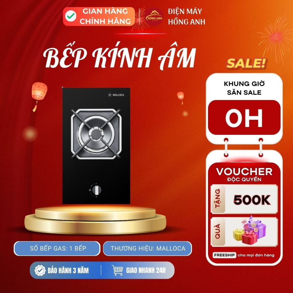 Bếp kính âm Malloca MDG301 thiết kế dạng Domino 1 bếp gas nhỏ gọn, mặt kính cường lực màu đen