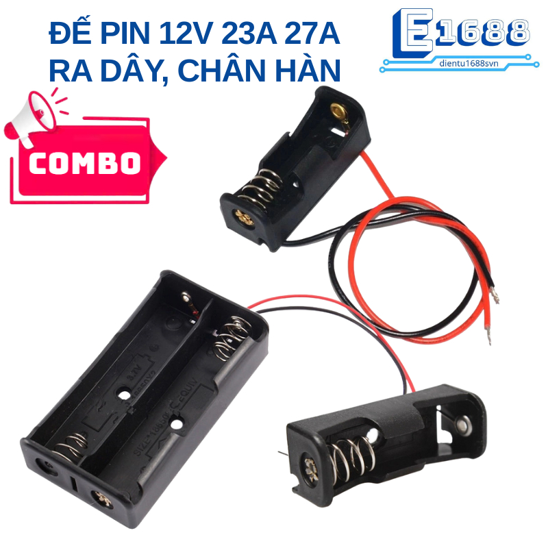 Combo- Đế pin 12V 23A 27A ra dây, chân hàn , pin 12V