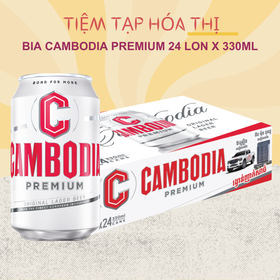 Thùng 24 Lon Bia Cambodia Premium Lager Campuchia 330ml Nồng Độ 5%