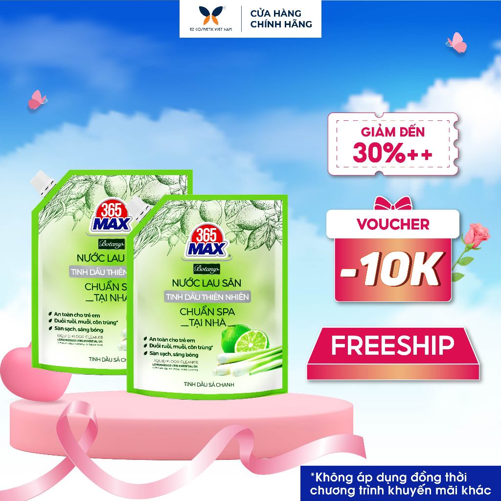 [TỔNG 7,2L] 2 Túi Nước Lau Sàn 365 Max Botany Tinh Dầu Sả Chanh 3.6L sạch bóng sàn, an toàn cho bé