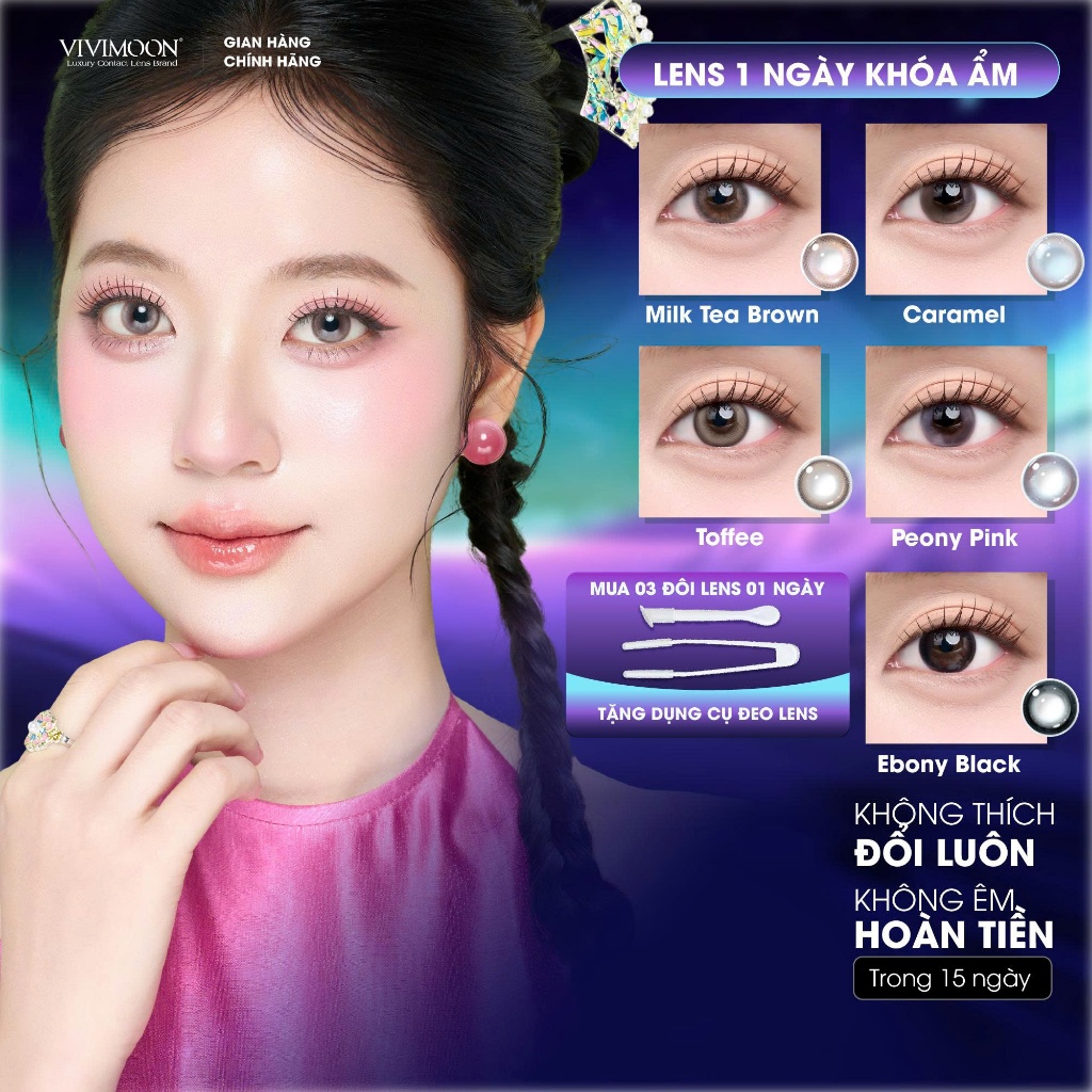 1 chiếc lens 1 ngày cận VIVIMOON khóa ẩm màu tự nhiên (Giá 1 bên mắt, x2 để đặt 1 đôi)
