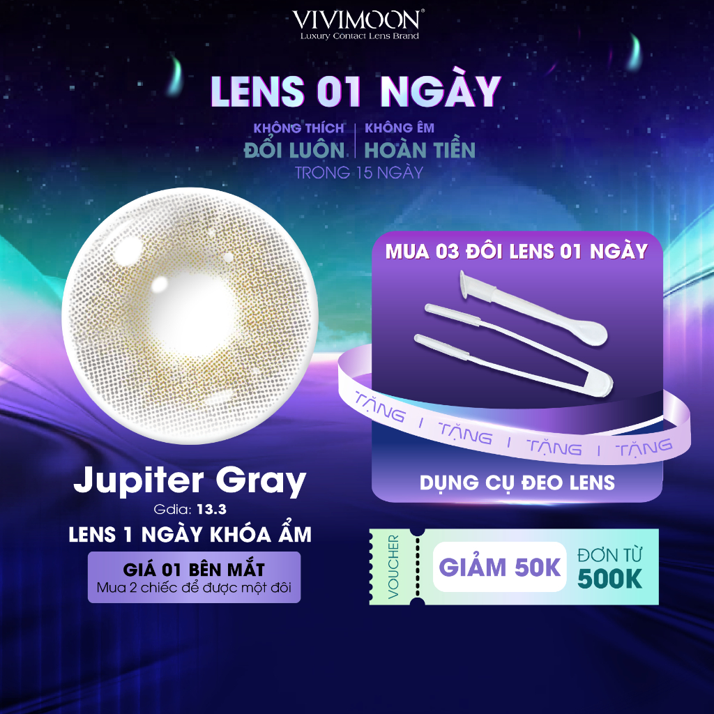 01 Chiếc Lens khóa ẩm cận 1 ngày Jupiter Gray VIVIMOON màu xám pha ánh vàng (Giá 1 bên mắt, x2 để đặ