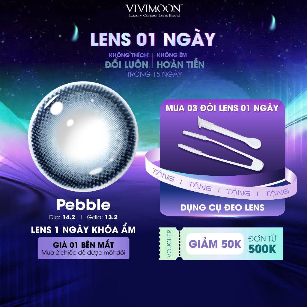 01 Chiếc Kính áp tròng VIVIMOON lens khóa ẩm 1 ngày màu xanh xám khói Pebble (Giá 1 bên mắt, x2 để đặt 1 đôi)
