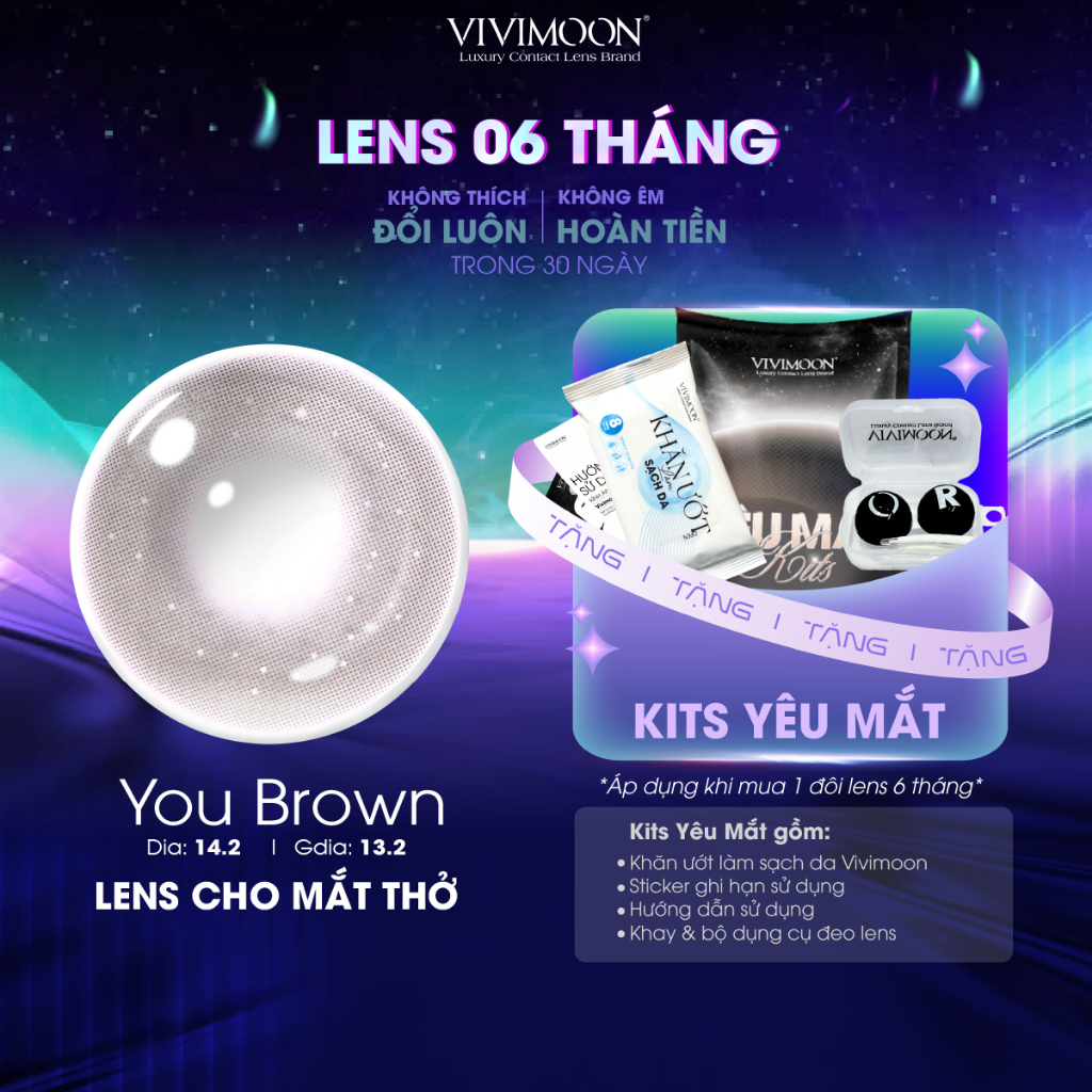 Lens cận nâu xám vân nhũ cho mắt thở You Brown Vivimoon 6 tháng