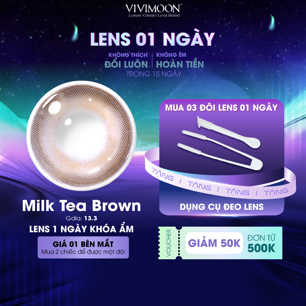 VIVIMOON lens cận 1 ngày Milk Tea Brown, kính áp tròng khóa ẩm màu nâu trà sữa (Giá 1 chiếc-1 bên mắt, x2 để mua 1 đôi)