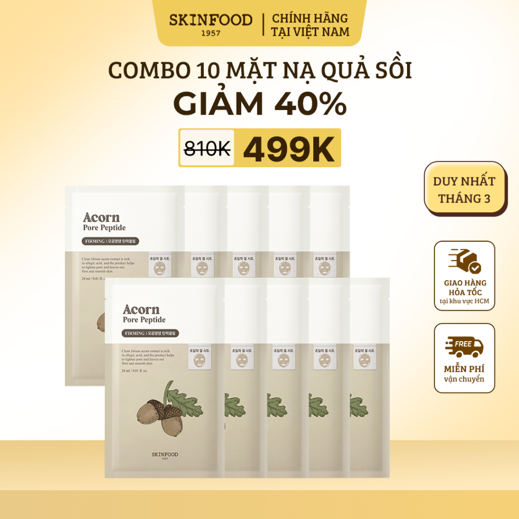 Combo 10 Mặt Nạ Miếng Quả Sồi Skinfood Se Khít Lỗ Chân Lông, Cải Thiện Đàn Hồi Da Acorn Pore Peptide