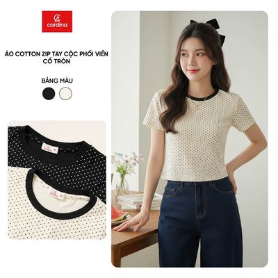 Áo phông nữ CARDINA chất cotton zip cộc tay phối viền cổ tròn 6ATC10
