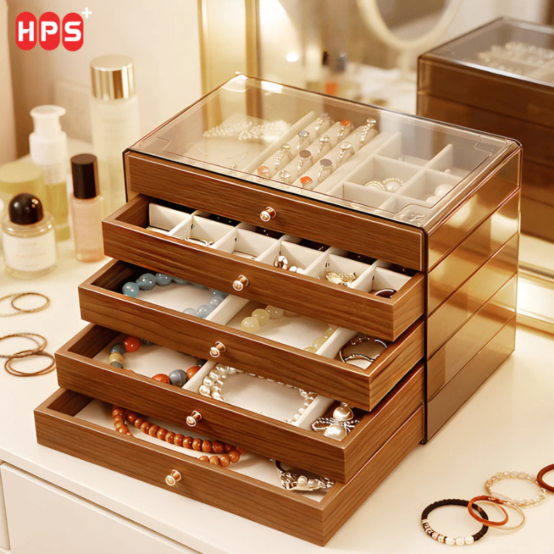 Hộp Đựng Trang Sức Gỗ Lót Nhung Cao Cấp HPS, Khay Đựng Phụ Kiện, Nhẫn, Dây Chuyền, Bông Tai 3 Tầng Nắp Trong Suốt