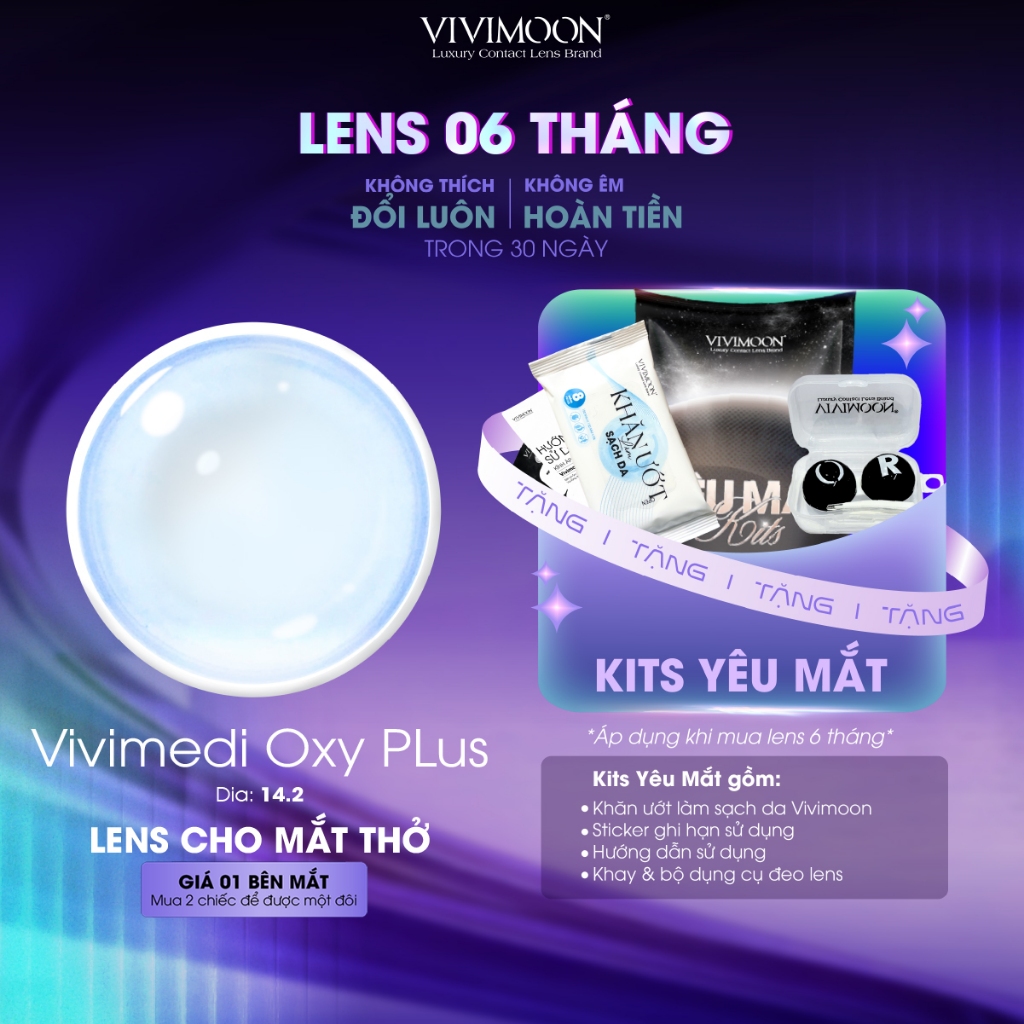 VIVIMOON lens cận cho mắt thở 6 tháng trong suốt Vivimedi Oxy Plus (Giá 01 chiếc - 01 bên mắt)
