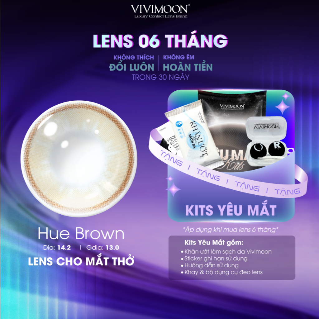 VIVIMOON lens cận nâu tự nhiên, kính áp tròng cho mắt thở Huế Brown hạn sử dụng 6 tháng độ từ 0 đến 