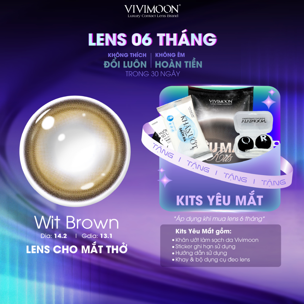 VIVIMOON lens cận cho mắt thở 6 tháng màu nâu rêu Wit Brown độ cận từ 0 đến 8