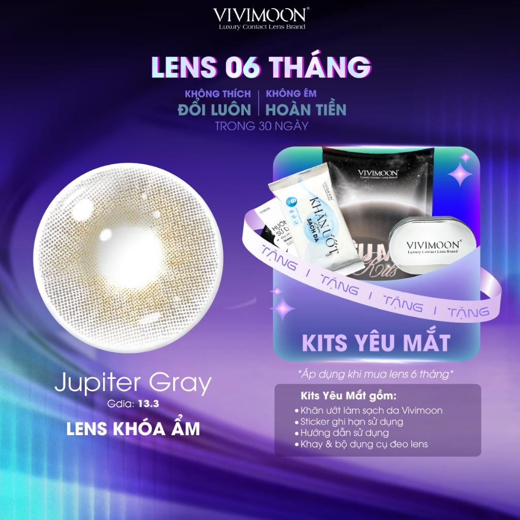 VIVIMOON lens khóa ẩm cận màu xám pha ánh vàng, kính áp tròng 3 - 6 tháng Jupiter Gray
