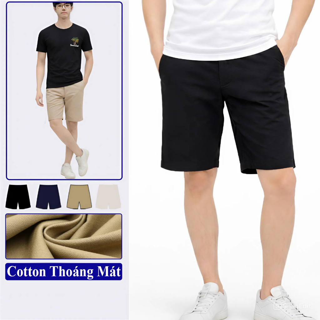 Quần Đùi Kaki Nam Vicenzo Cao Cấp Chuẩn Hàng Xuất, Quần Đùi Kaki Nam Cạp Khuy Cúc