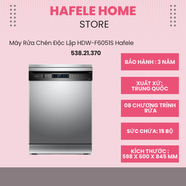 Máy Rửa Chén Độc Lập Hafele HDW-F6051S 538.21.370 - 8 Chương Trình Rửa - Động Cơ BLDC