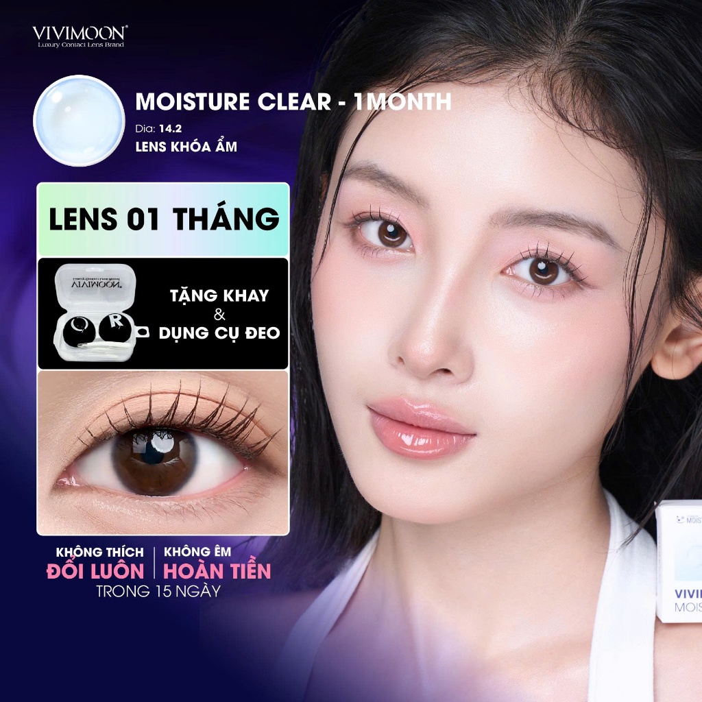 VIVIMOON lens cận 1 tháng khóa ẩm màu trong suốt tự nhiên Moisture Clear