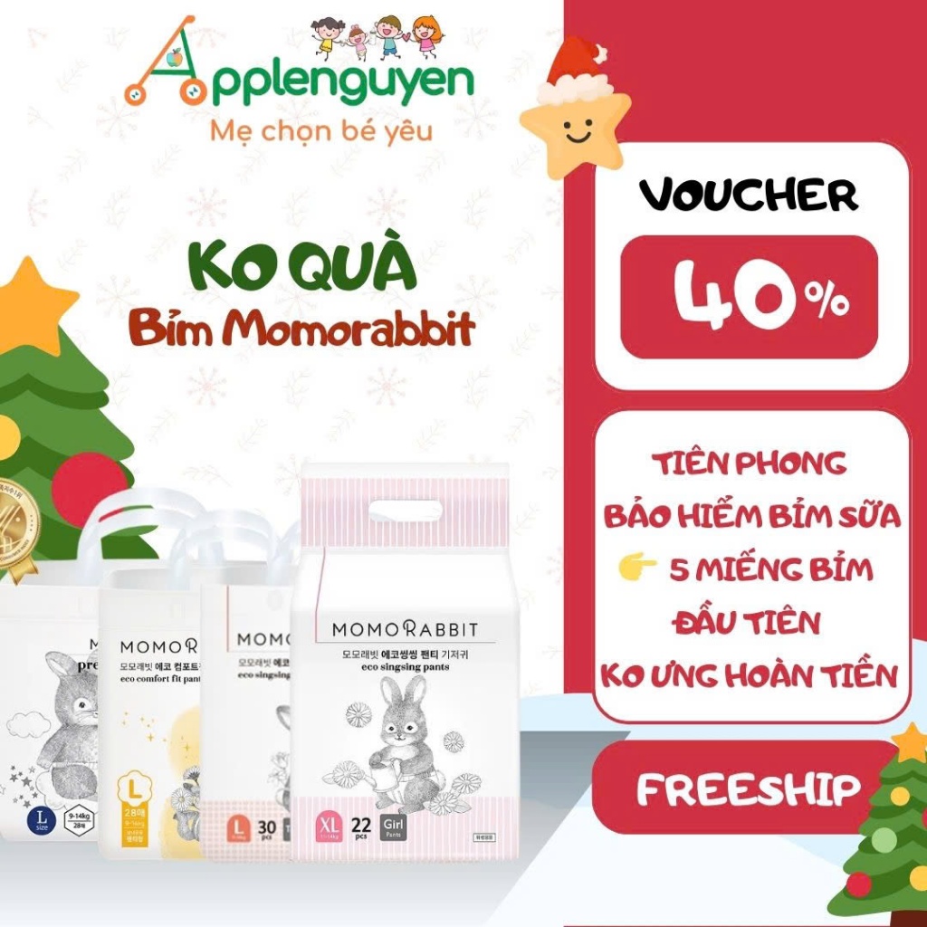 (Ko quà) Bỉm Dán/Quần Momo Rabbit Classic/Bé Trai/Bé Gái/Đêm/EcoFit Size NB42/S36/M32/L28/XL22/XXL18I Applenguyen94